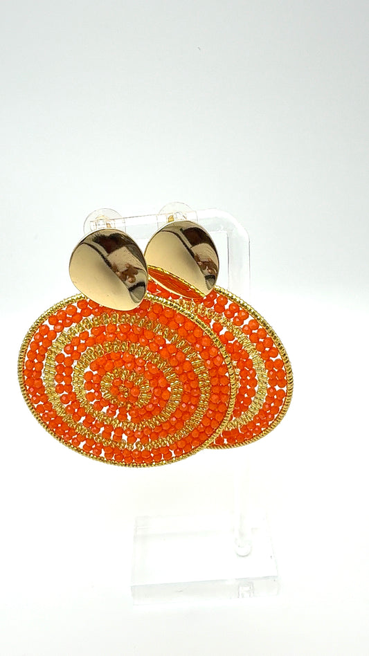 Radiant Spiral Earrings – Sunset Orange Beaded Statement Disc Earrings