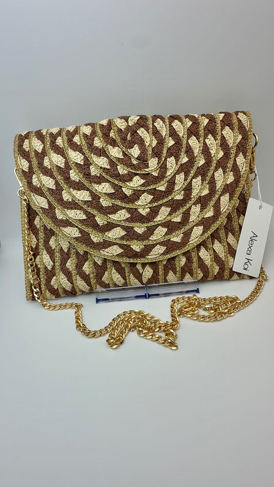 Cocoa & Cream Radiant Weave Clutch – Luxury Two-Tone Woven Chain Crossbody Bag