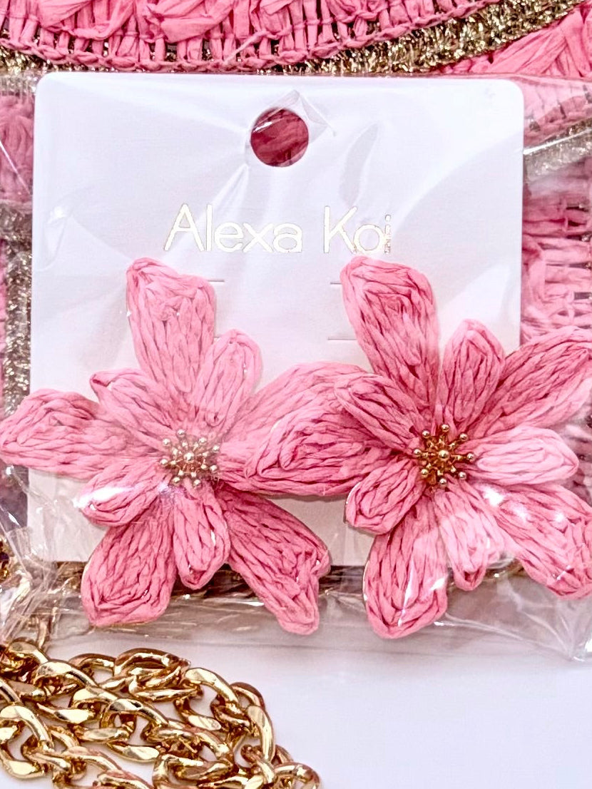 Rosé Bloom Statement Earrings – Woven Floral Gold Accent Earrings