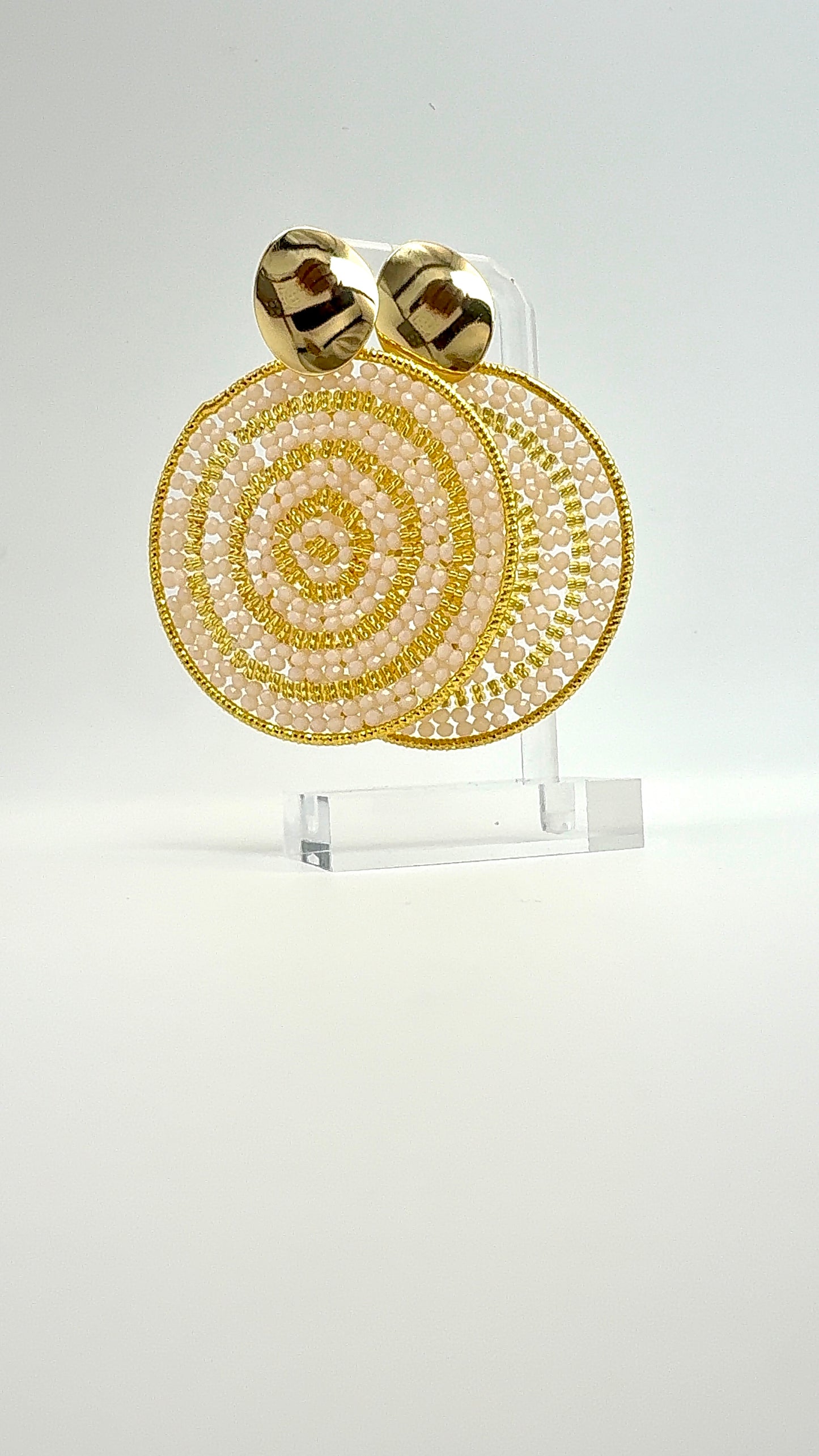 Radiant Spiral Earrings – Blush Ivory Beaded Statement Disc Earrings