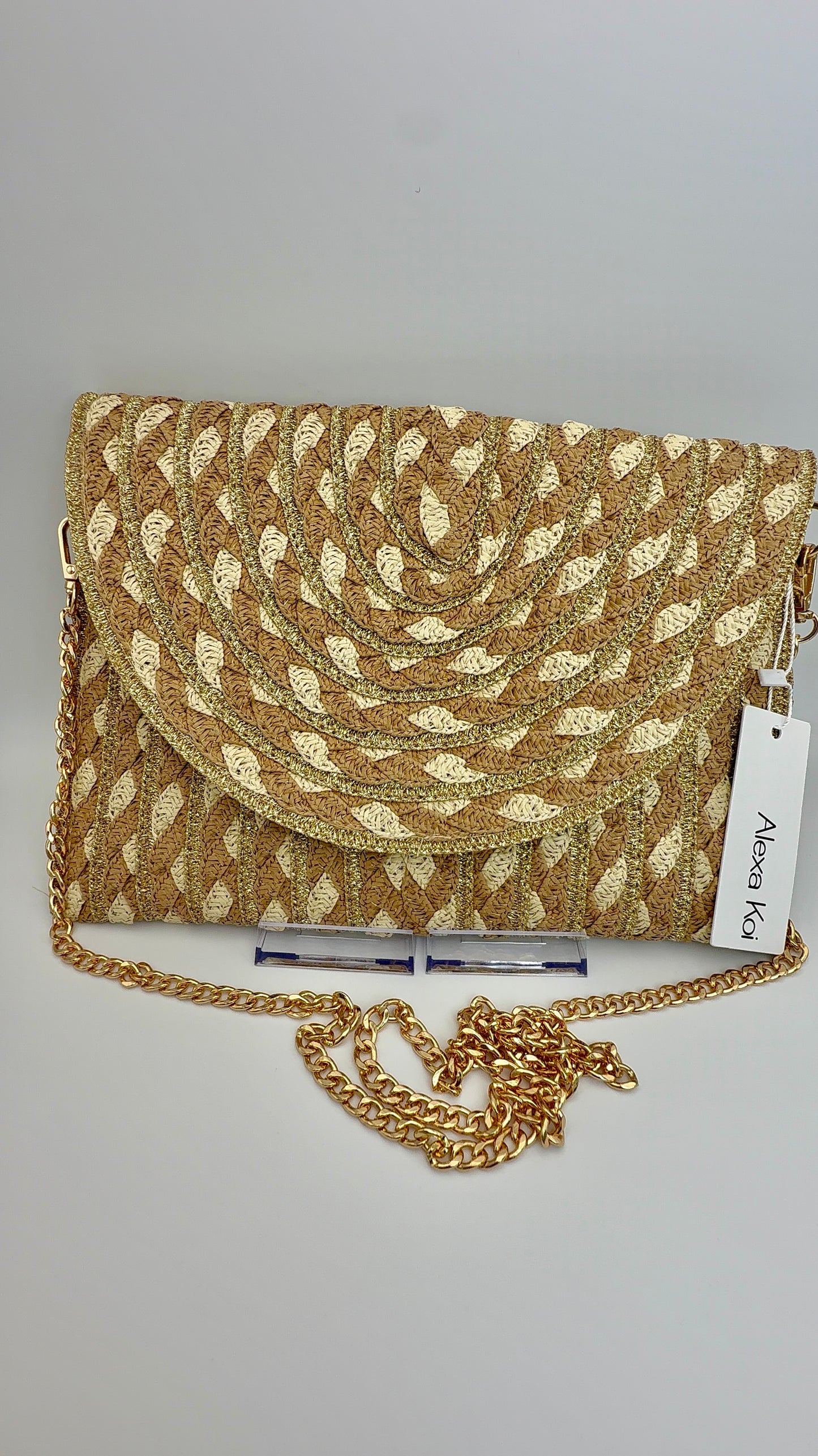 Sand & Gold Radiant Weave Clutch – Luxury Straw Woven Chain Crossbody Bag