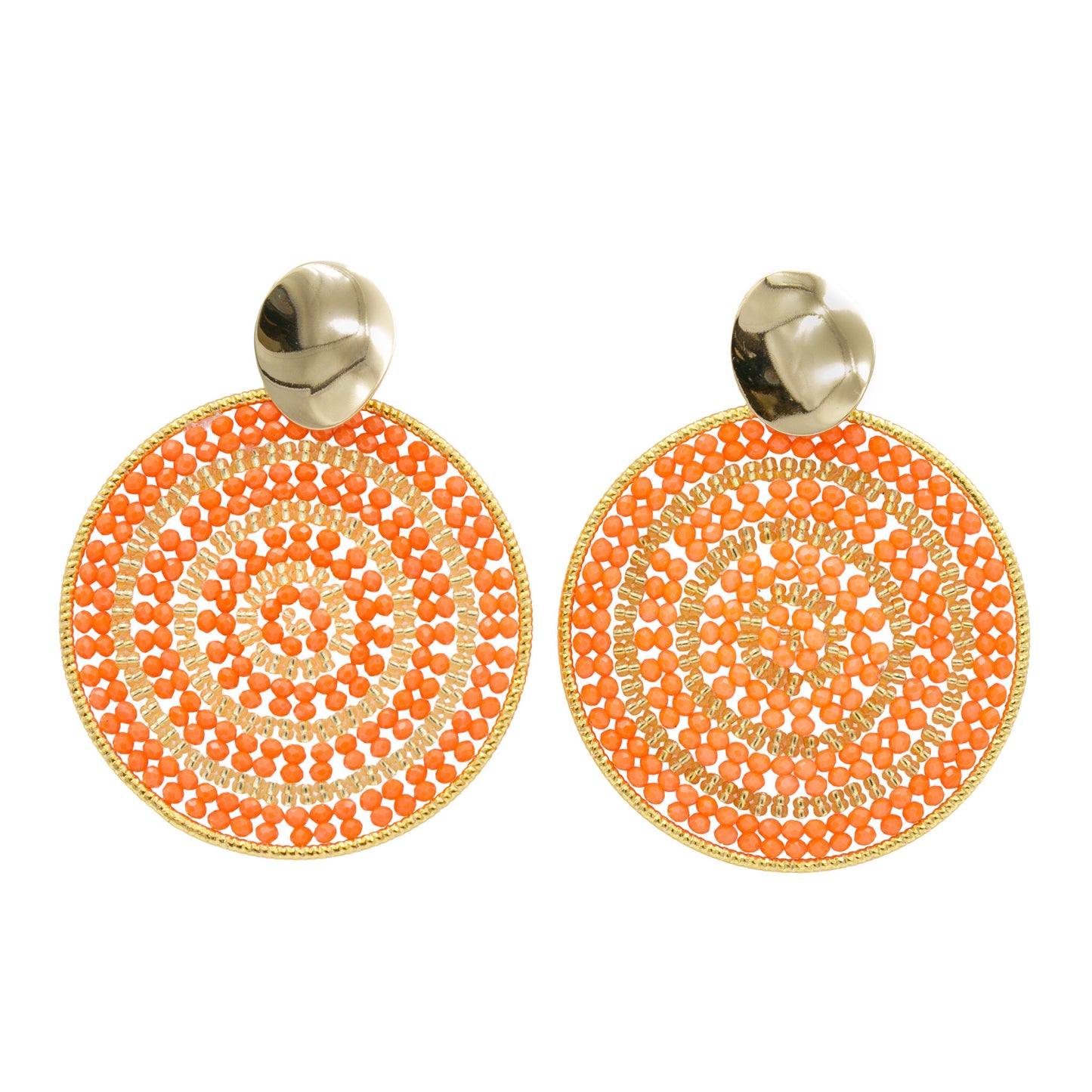 Radiant Spiral Earrings – Sunset Orange Beaded Statement Disc Earrings