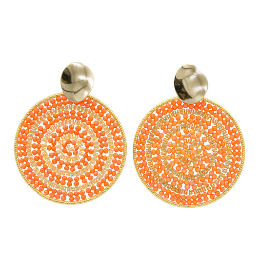 Radiant Spiral Earrings – Sunset Orange Beaded Statement Disc Earrings