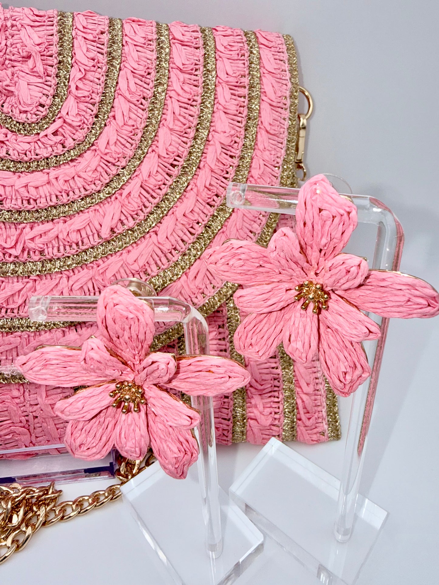 Rosé Bloom Statement Earrings – Woven Floral Gold Accent Earrings