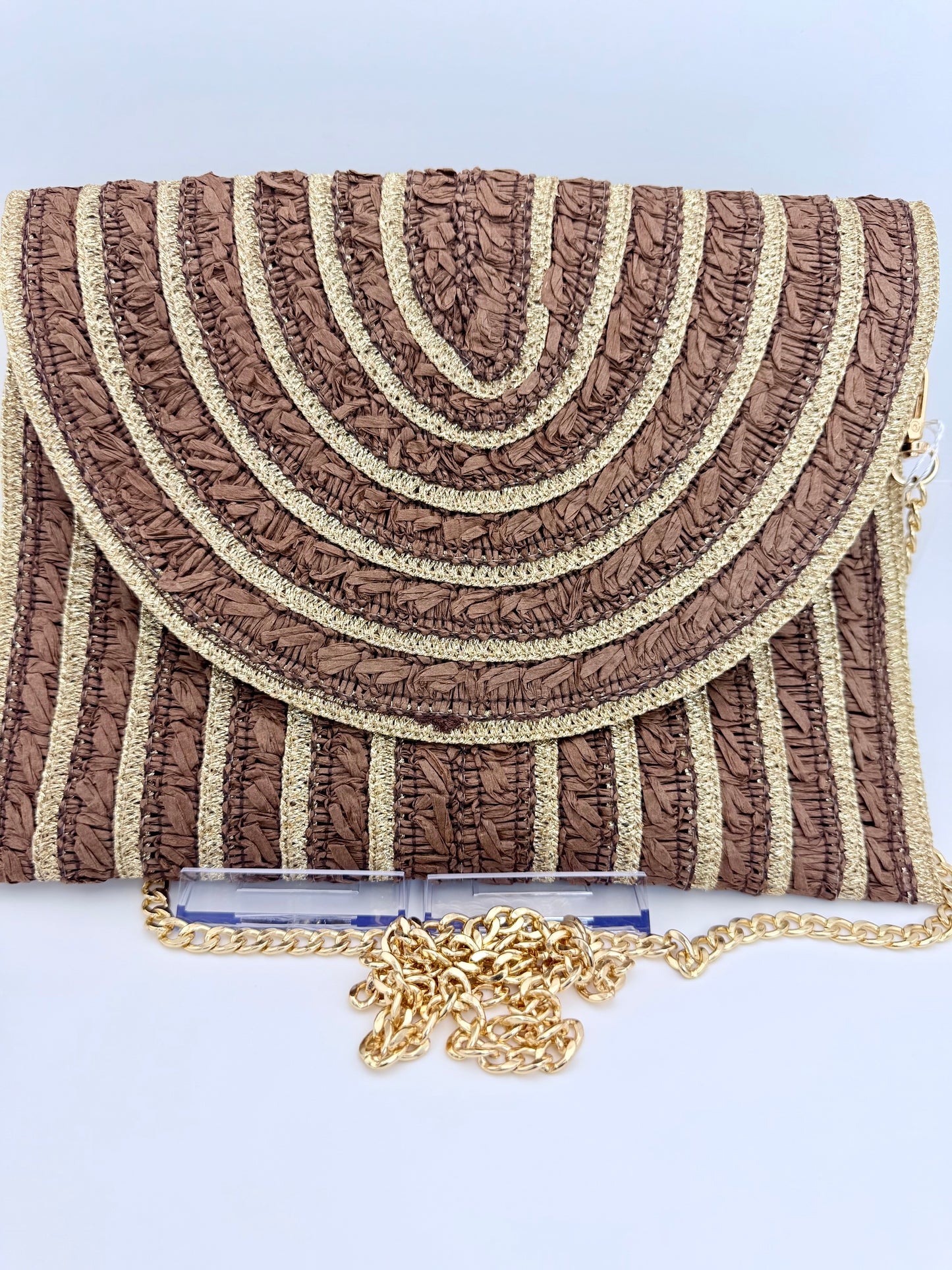 Mocha & Gold Radiant Weave Clutch – Luxury Woven Straw Chain Crossbody Bag