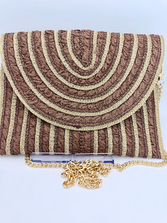 Mocha & Gold Radiant Weave Clutch – Luxury Woven Straw Chain Crossbody Bag