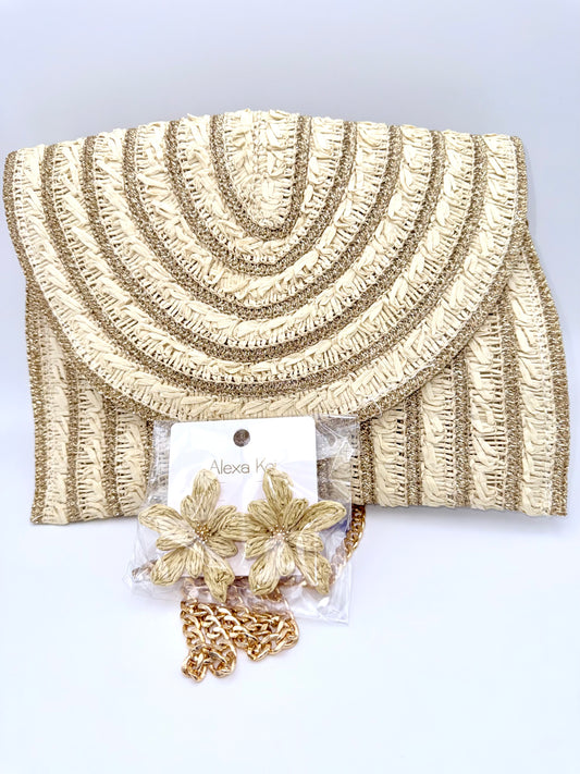 Ivory & Gold Radiant Weave Clutch – Luxury Woven Straw Chain Crossbody Bag