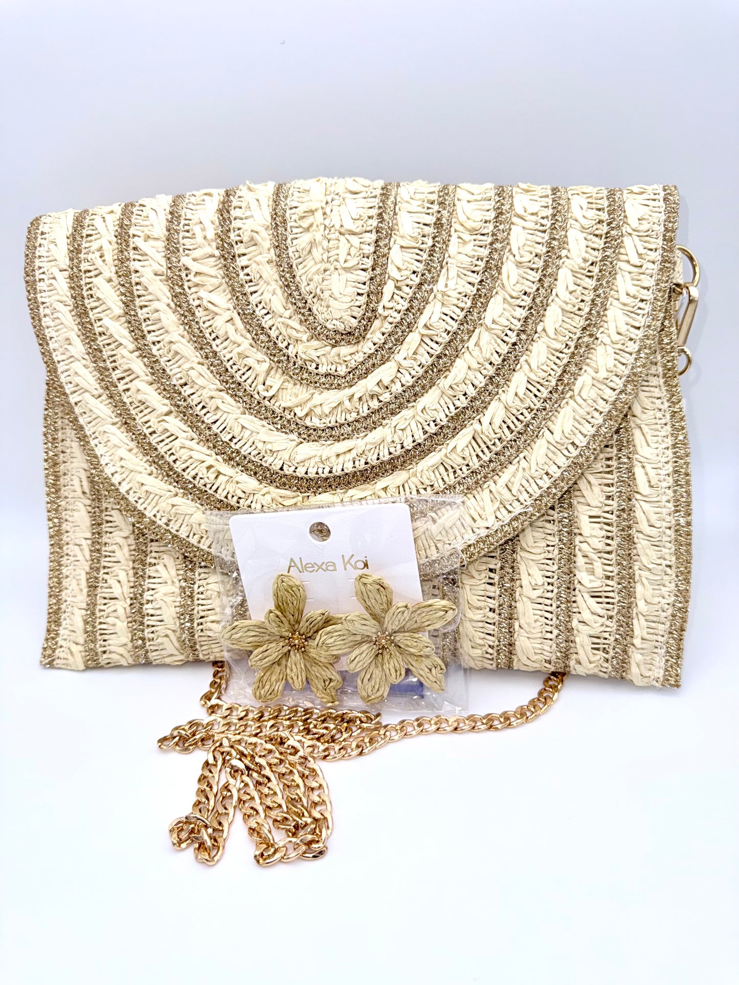 Ivory & Gold Radiant Weave Clutch – Luxury Woven Straw Chain Crossbody Bag