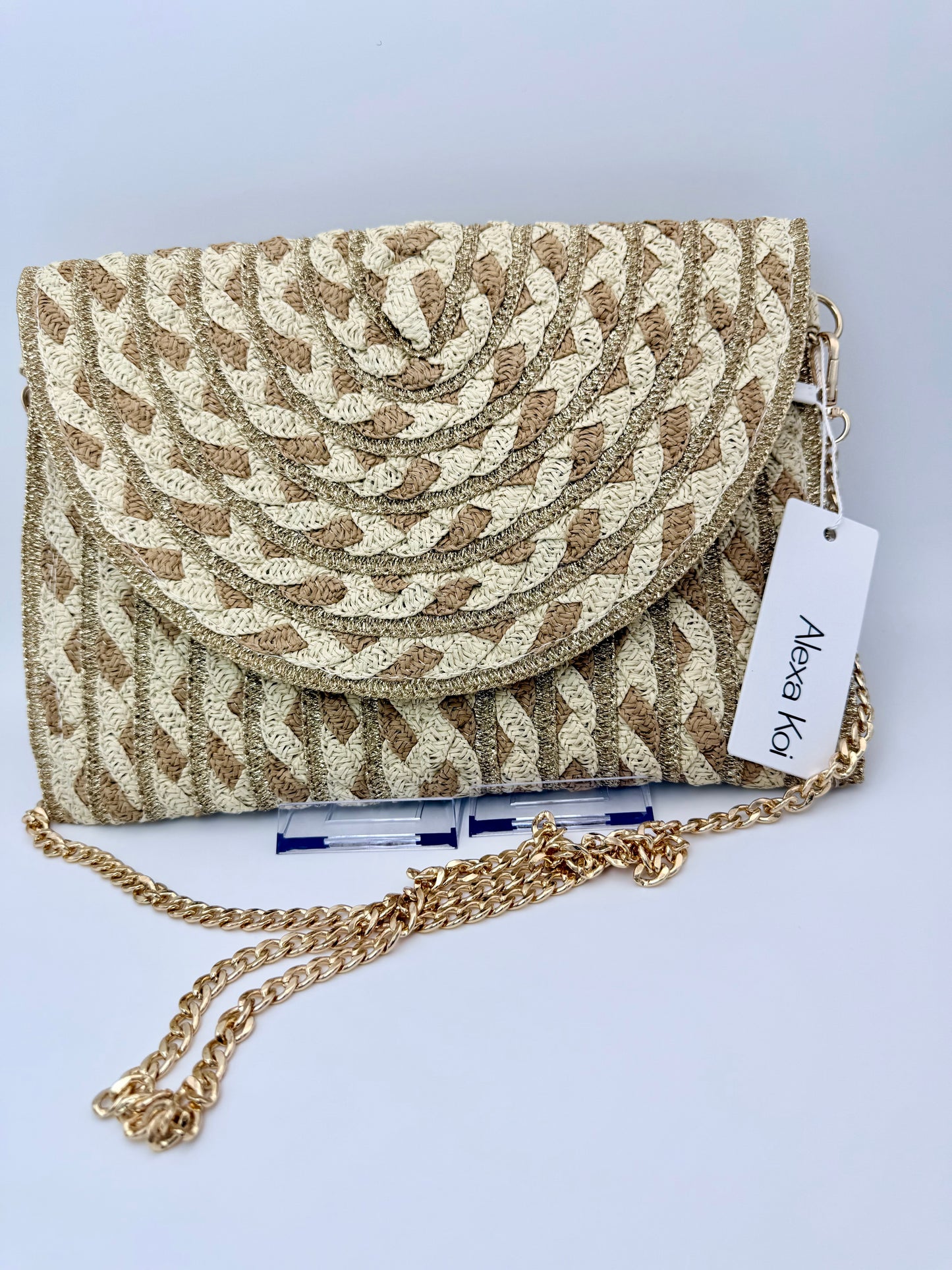 Champagne Sand Radiant Weave Clutch – Luxury Neutral Woven Chain Crossbody Bag
