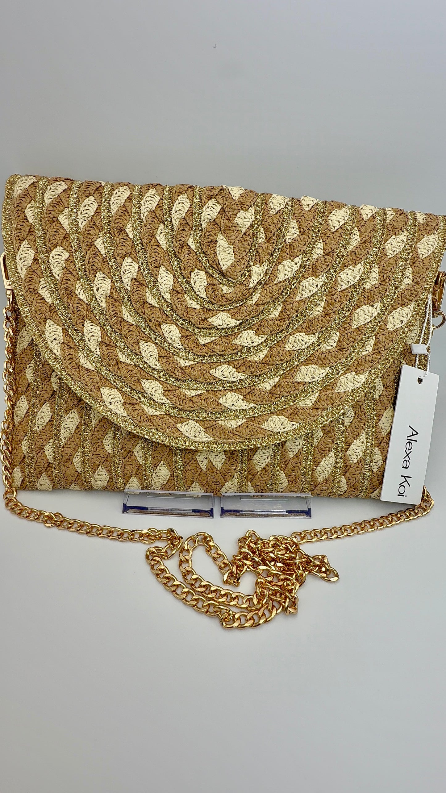 Sand & Gold Radiant Weave Clutch – Luxury Straw Woven Chain Crossbody Bag