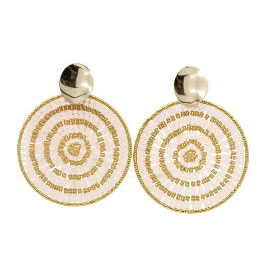 Radiant Spiral Earrings – Blush Ivory Beaded Statement Disc Earrings