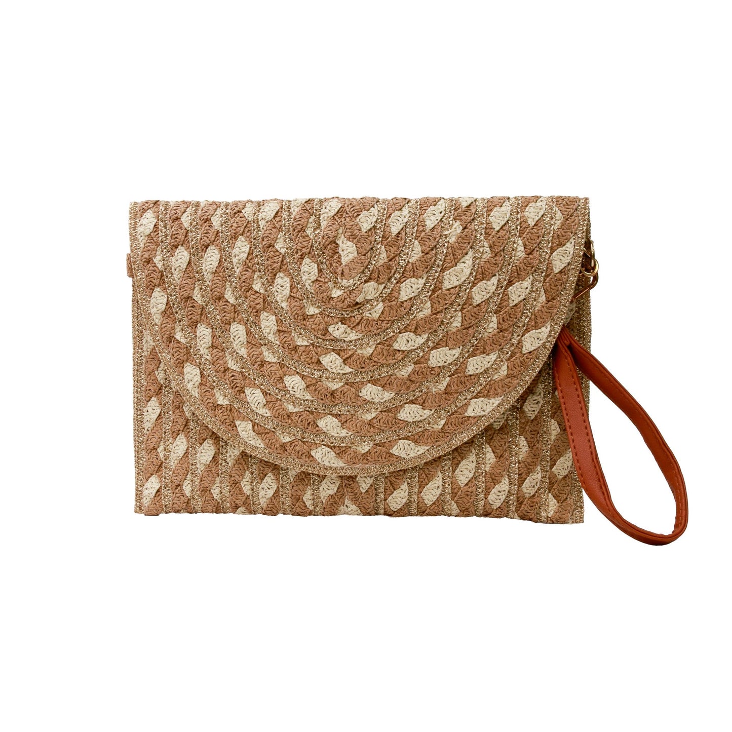 Sand & Gold Radiant Weave Clutch – Luxury Straw Woven Chain Crossbody Bag