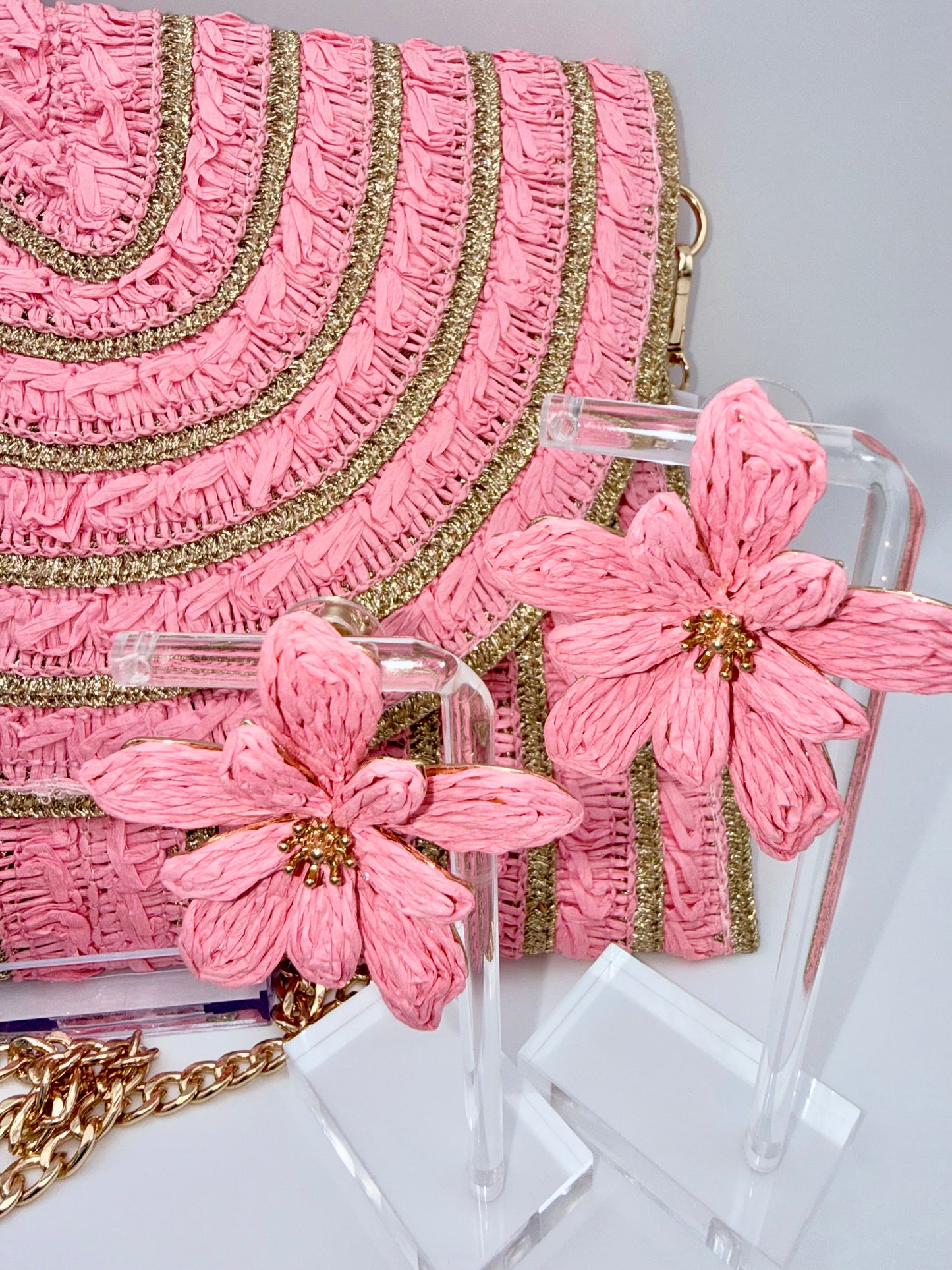 Rosé Bloom Statement Earrings – Woven Floral Gold Accent Earrings