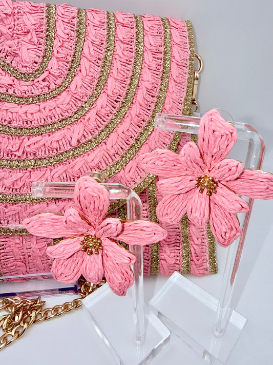 Rosé Bloom Statement Earrings – Woven Floral Gold Accent Earrings