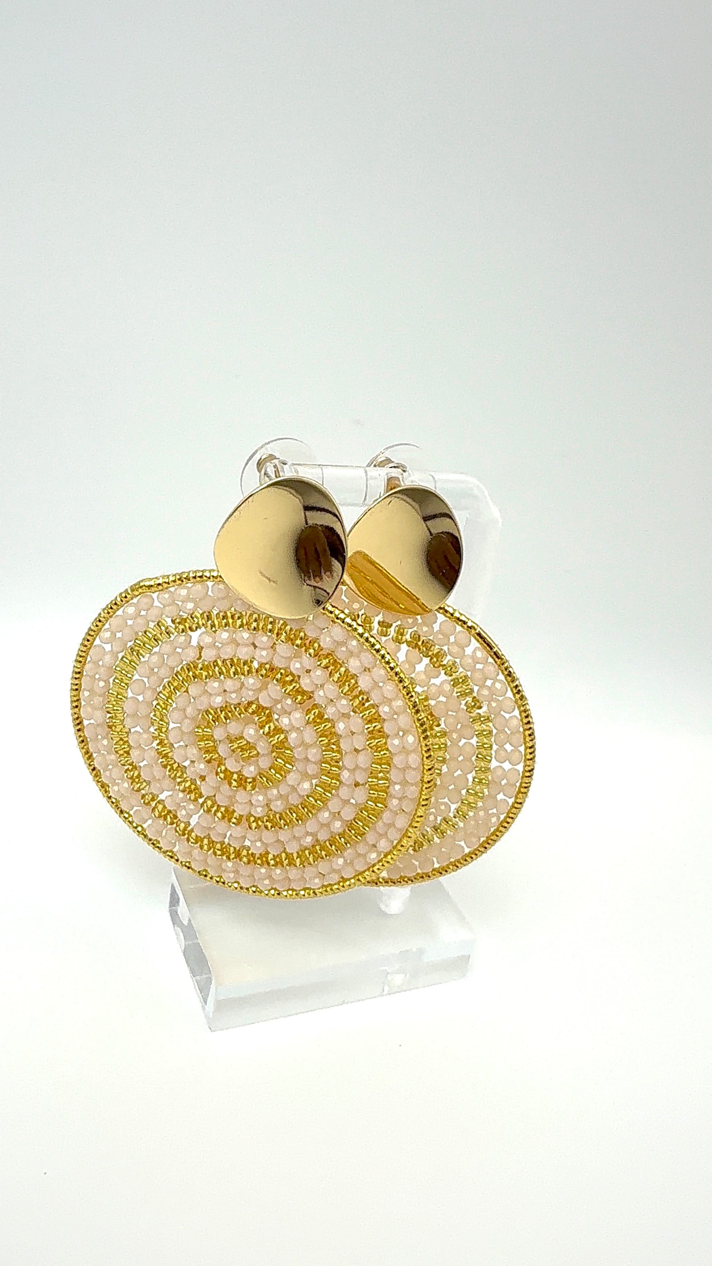 Radiant Spiral Earrings – Blush Ivory Beaded Statement Disc Earrings
