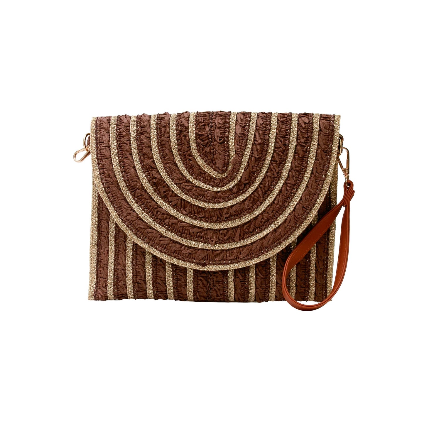Mocha & Gold Radiant Weave Clutch – Luxury Woven Straw Chain Crossbody Bag
