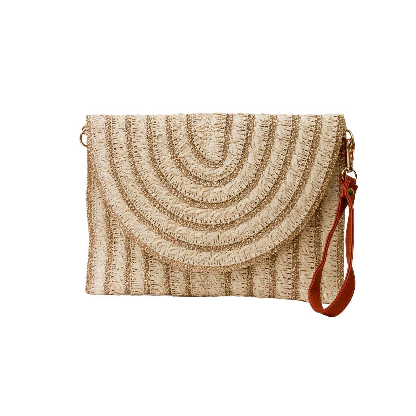 Ivory & Gold Radiant Weave Clutch – Luxury Woven Straw Chain Crossbody Bag