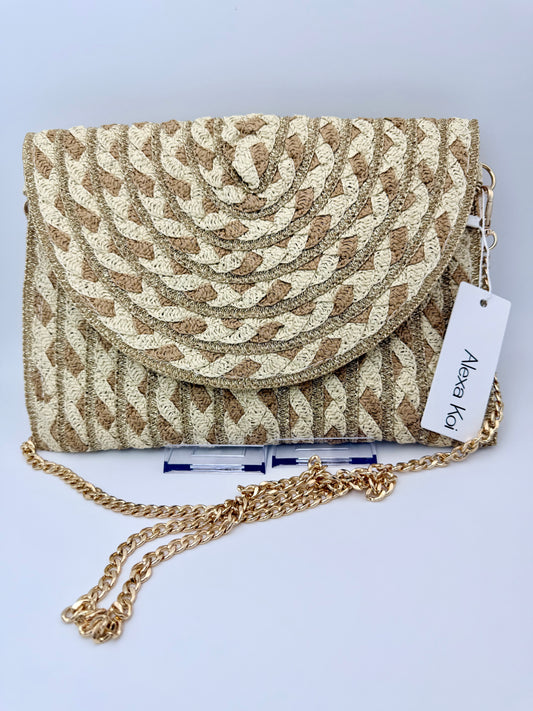 Champagne Sand Radiant Weave Clutch – Luxury Neutral Woven Chain Crossbody Bag