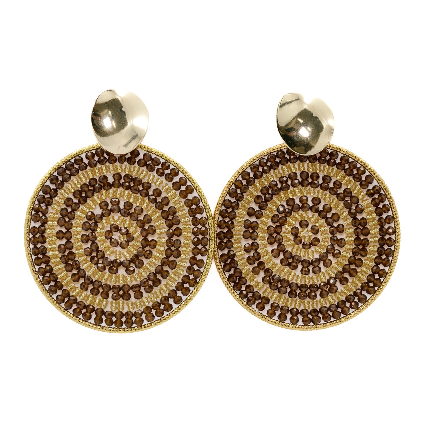 Radiant Spiral Earrings – Chocolate Gold Beaded Statement Disc Earrings