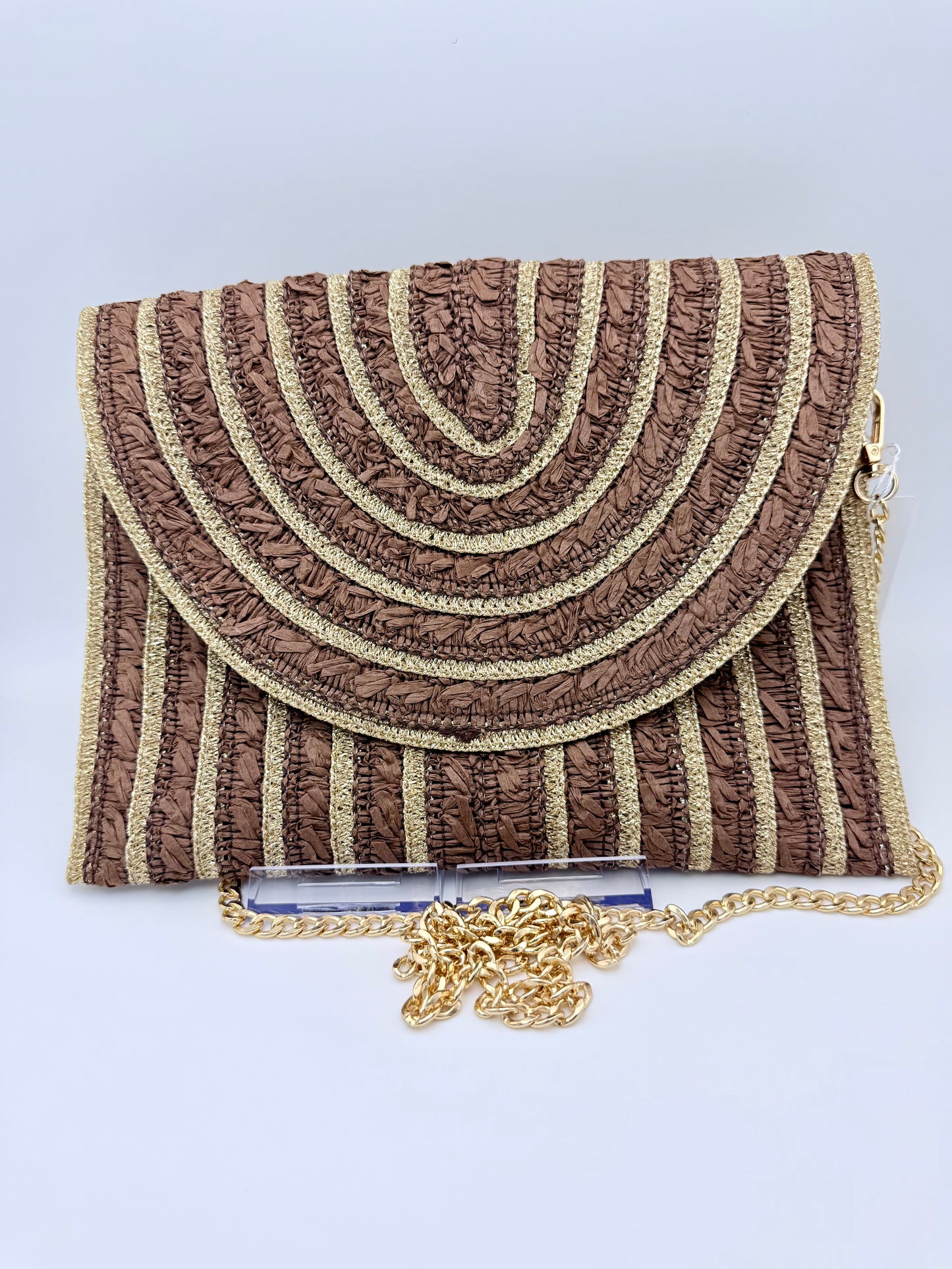 Mocha & Gold Radiant Weave Clutch – Luxury Woven Straw Chain Crossbody Bag