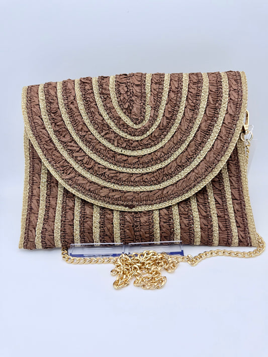 Mocha & Gold Radiant Weave Clutch – Luxury Woven Straw Chain Crossbody Bag