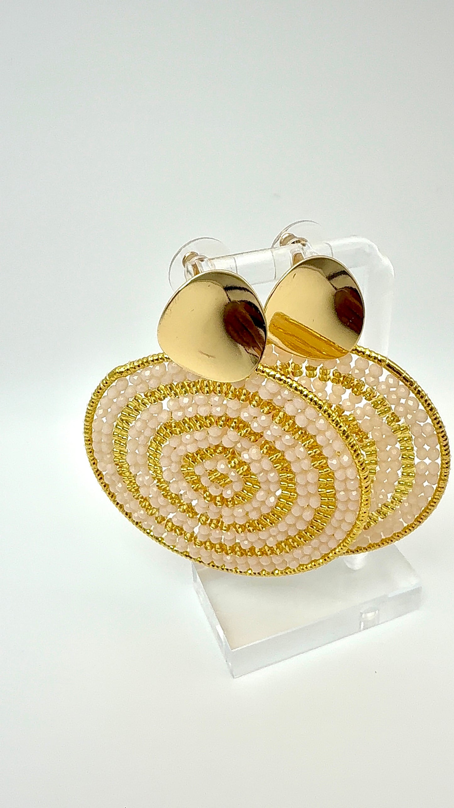 Radiant Spiral Earrings – Blush Ivory Beaded Statement Disc Earrings