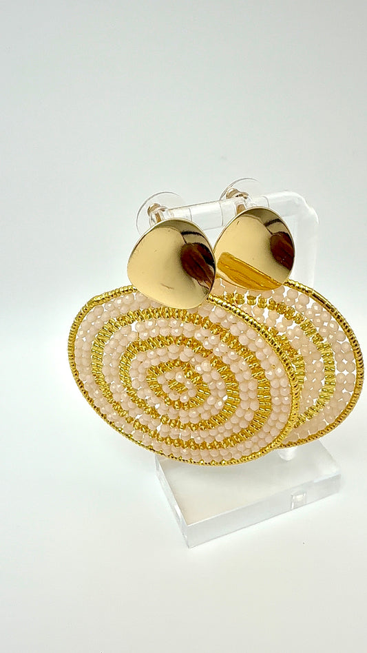 Radiant Spiral Earrings – Blush Ivory Beaded Statement Disc Earrings
